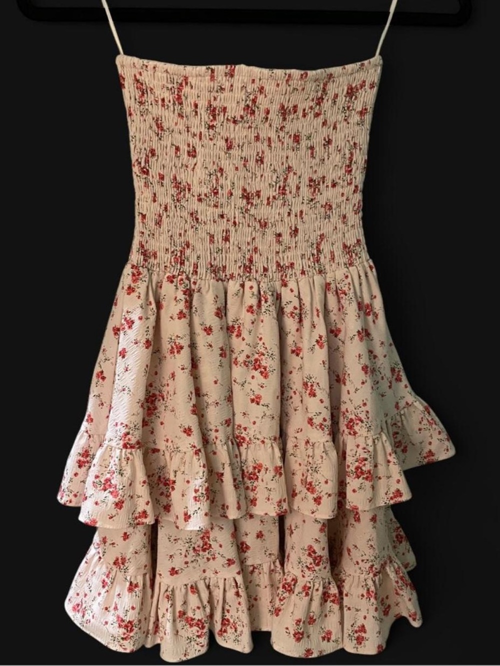 Windsor strapless light pink Dress with Red Floral Print
